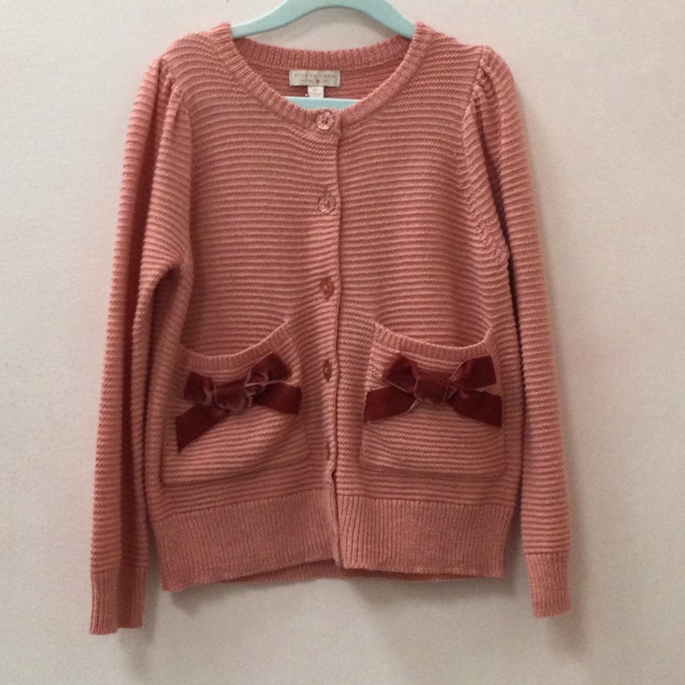 Girls Pink Bow Pocket Knit Cardigan Sweater